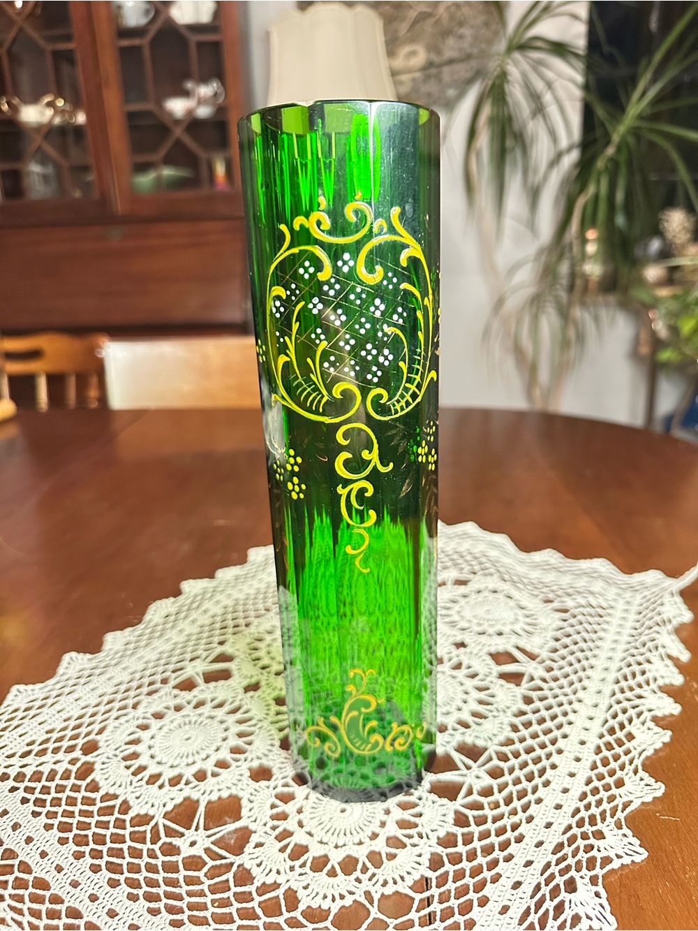 Antique Bohemian Emerald Green Glass Vase Hand Enameled Scrollwork 10”
